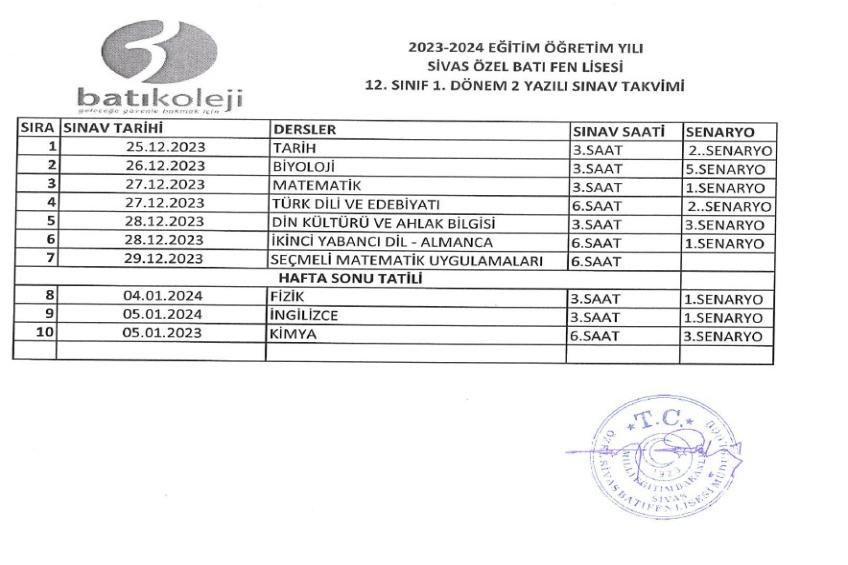 2023-2024 EĞİTİM ÖĞRETİM YILI 1.DÖNEM 2. YAZILI TARİHLERİ 